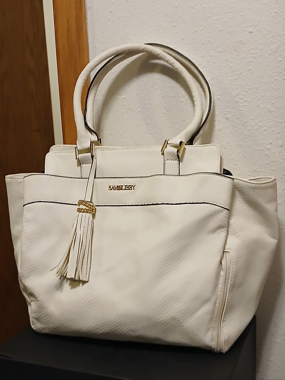 Sam & Libby White Snakeskin Texture Satchel with Tassel Detail